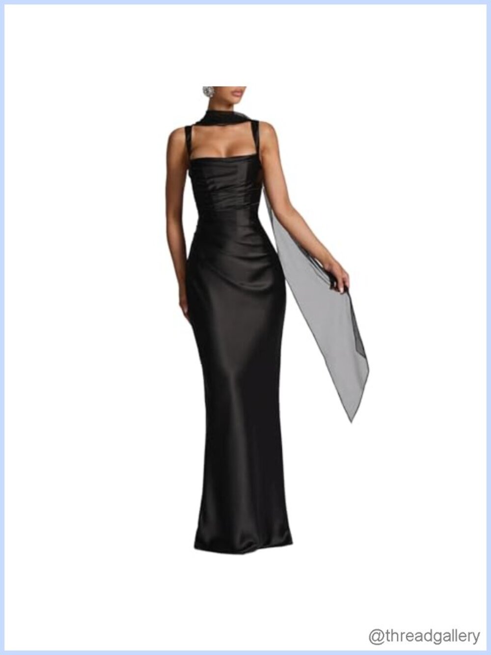 Satin Corset Maxi Dress Sheer Scarf Wedding Guest Evening Gown